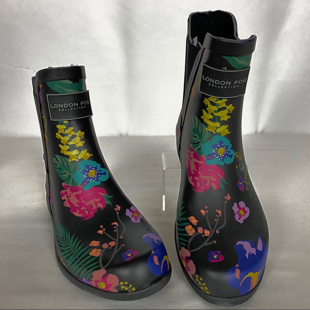 NIB London Fog Blk Floral Short Rain Boots